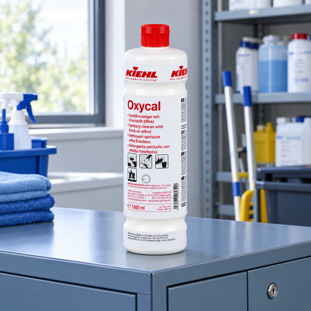 Kiehl Oxycal 1 L på blågråt depotskab i dagslys