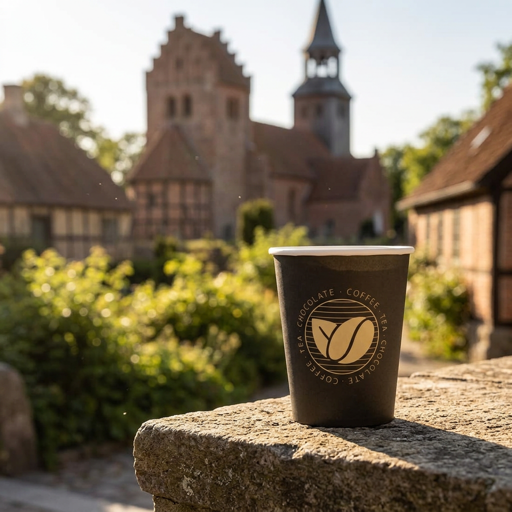Sort Beans kaffebæger på solrig stenkant ved kirke