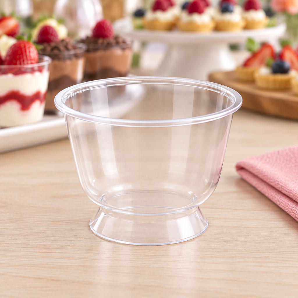 Dessertbæger på fod ved buffet med pink serviet
