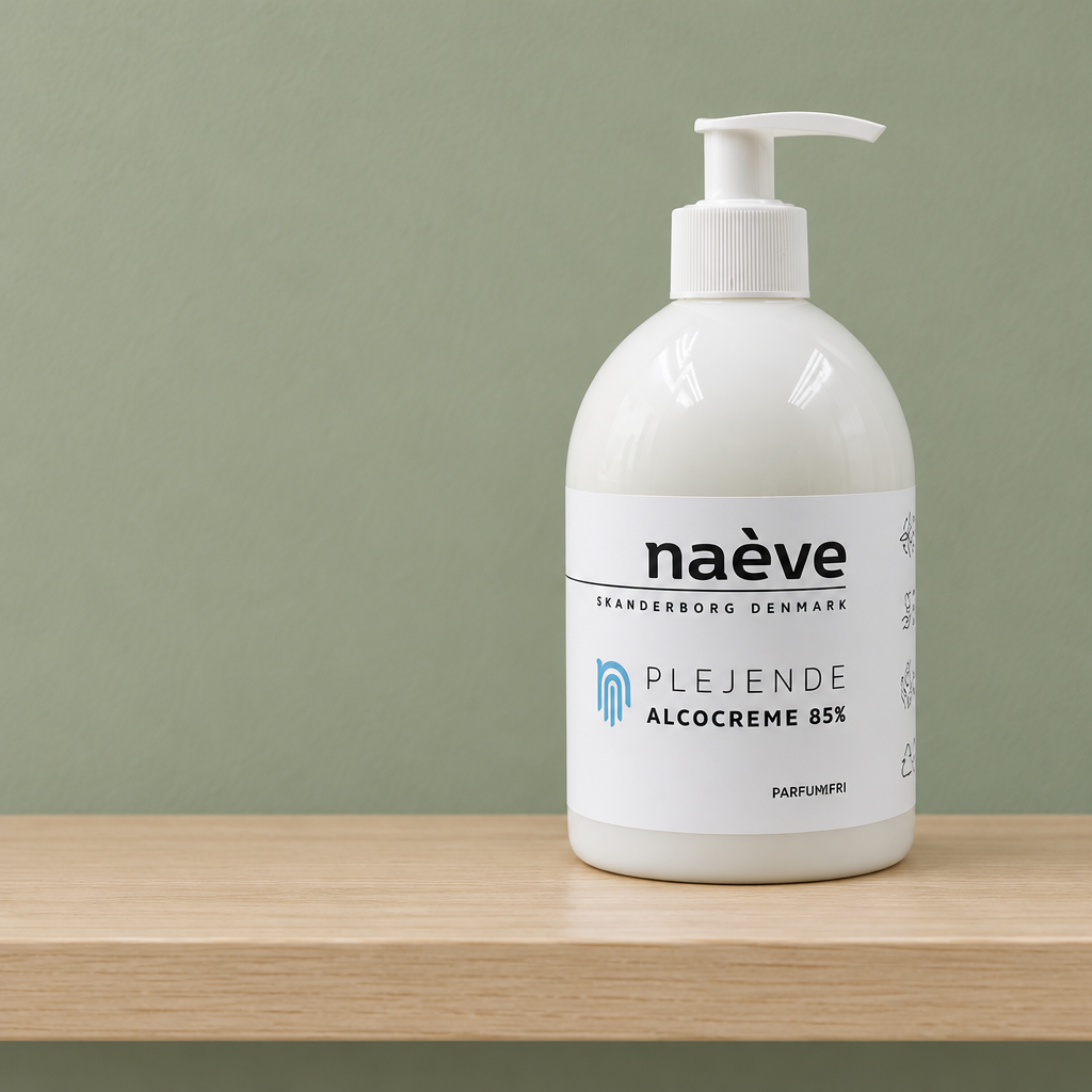 Naeve Alcocreme på træhylde foran grøn væg
