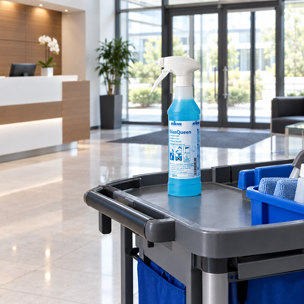 Kiehl GlasQueen 500 ml på rengøringsvogn i reception