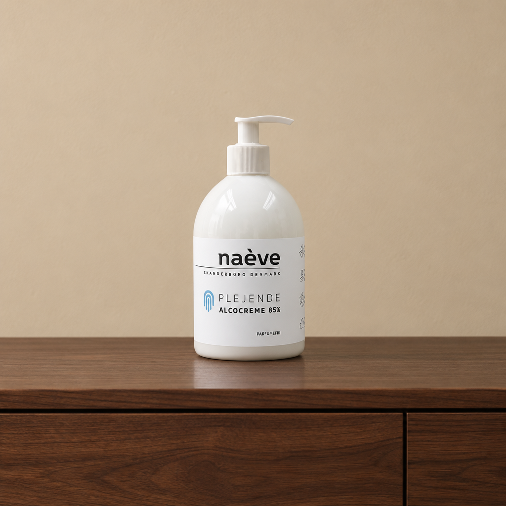 Naeve Alcocreme på mørkt træmøbel med god afstand