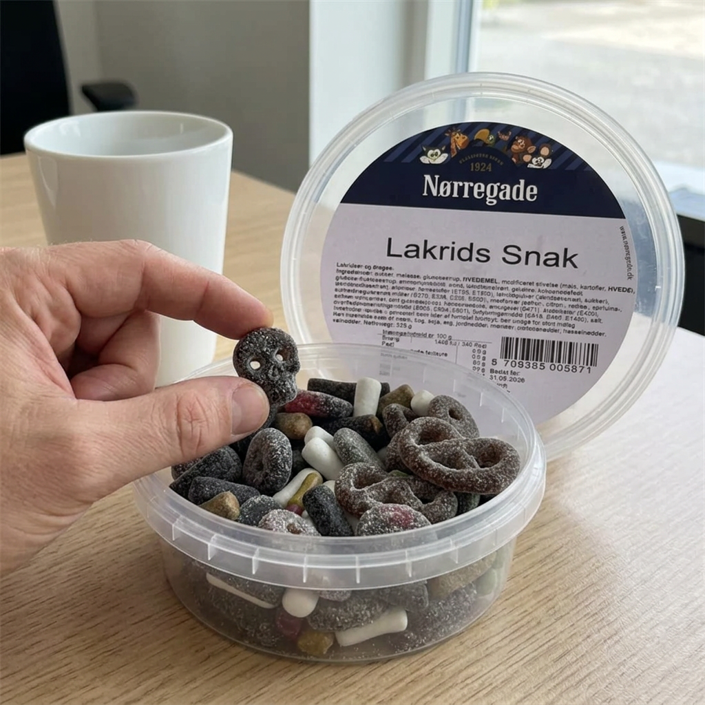 En sukkerbelagt lakrids tages fra den åbne SNAK-bøtte