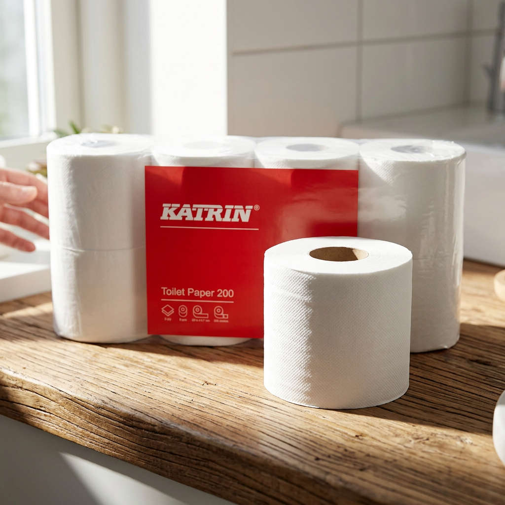 Toiletrulle foran Katrin Toilet Paper 200 inderpakke på solbelyst træbord