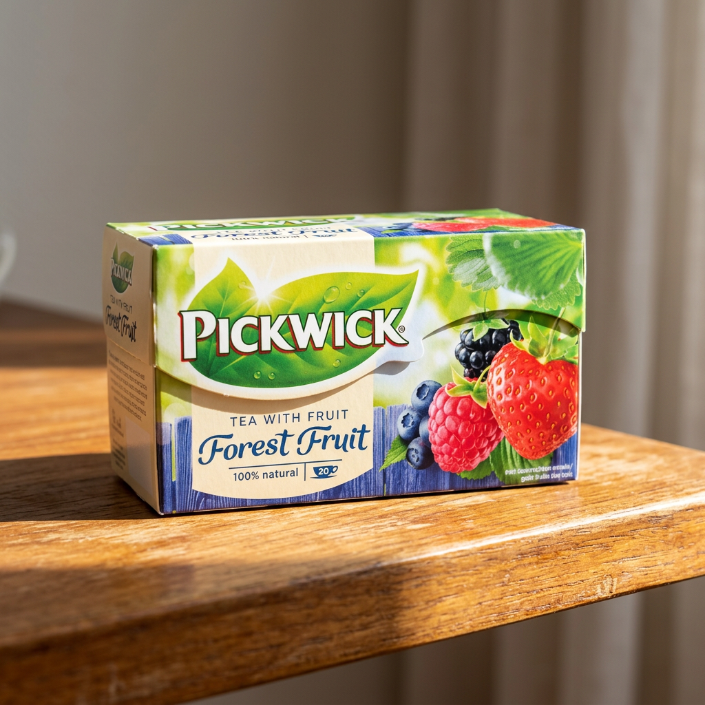Pickwick Skovbær-teæske på træhylde med sollys og skygger