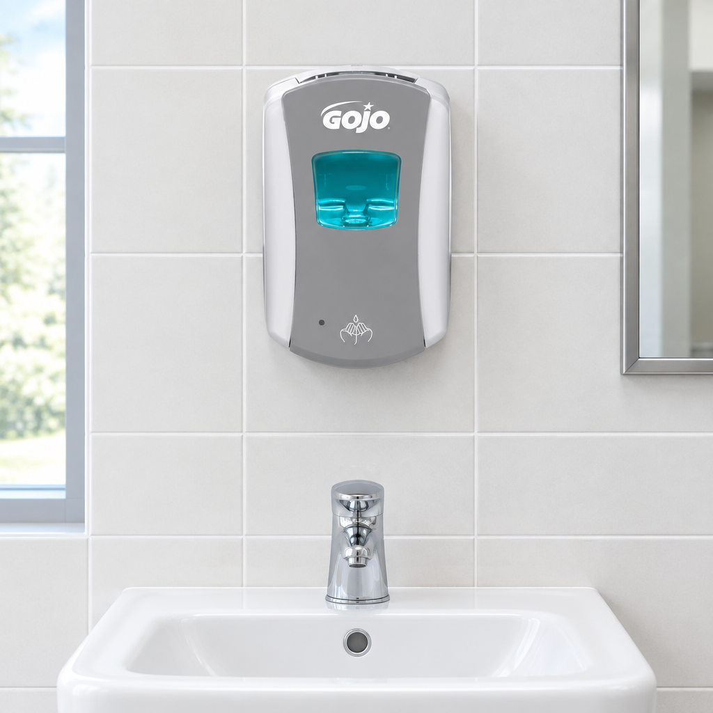 GOJO LTX-7 hvid/grå ved håndvask på lys flisevæg