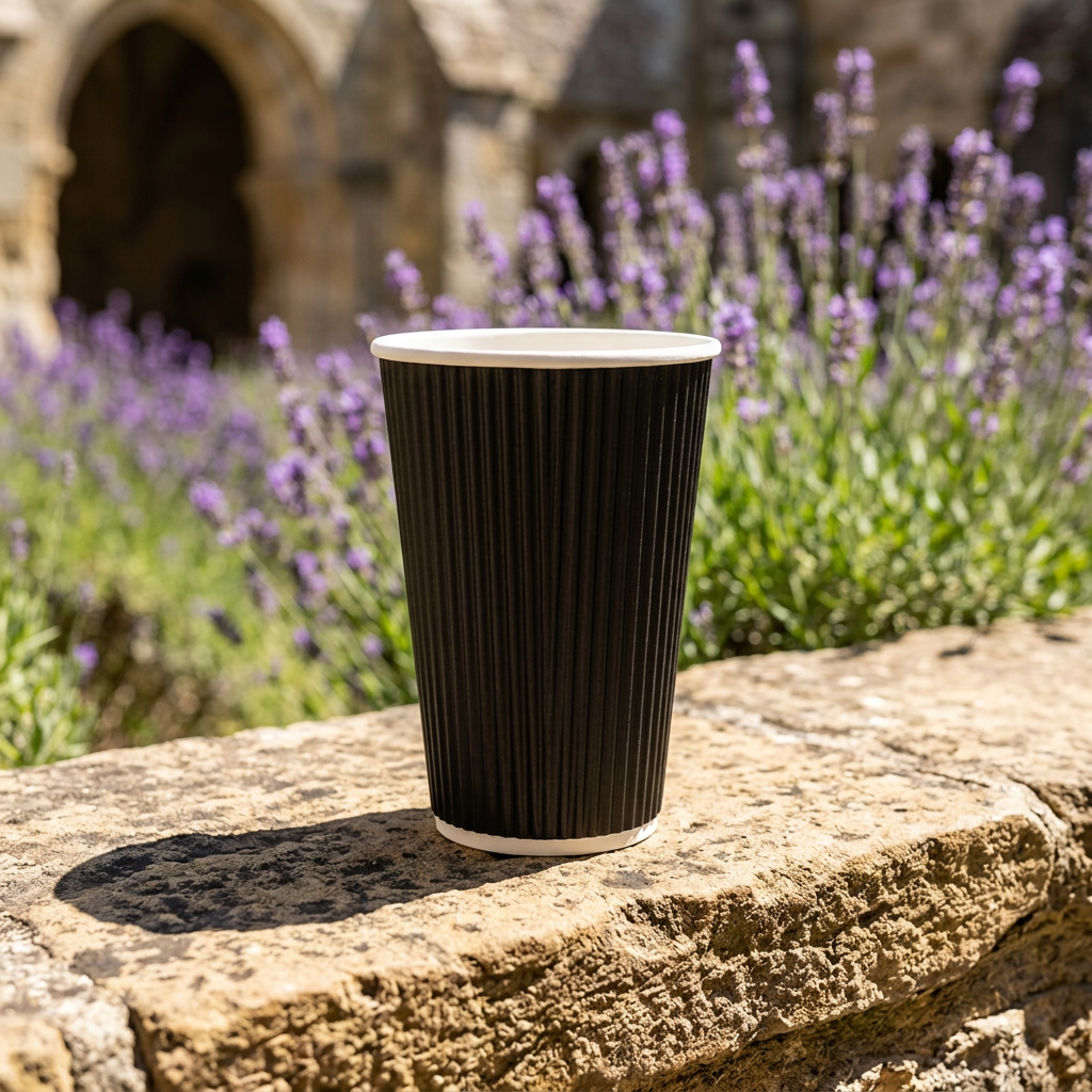 Sort Ripple Wall kaffebæger 40 cl på stenmur ved solrig urtehave