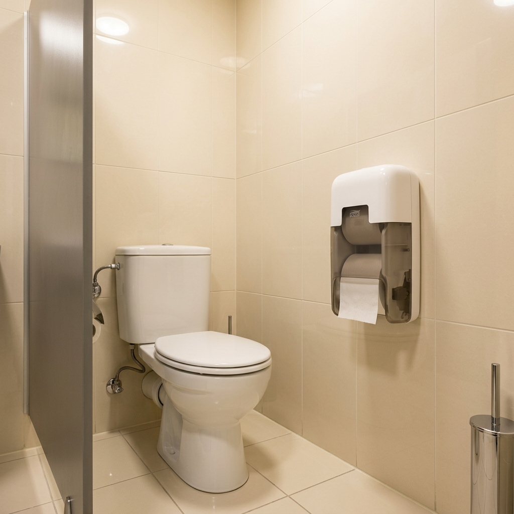 Hvid Tork OptiServe T7-dispenser til to ruller ved toilet på cremefarvede fliser