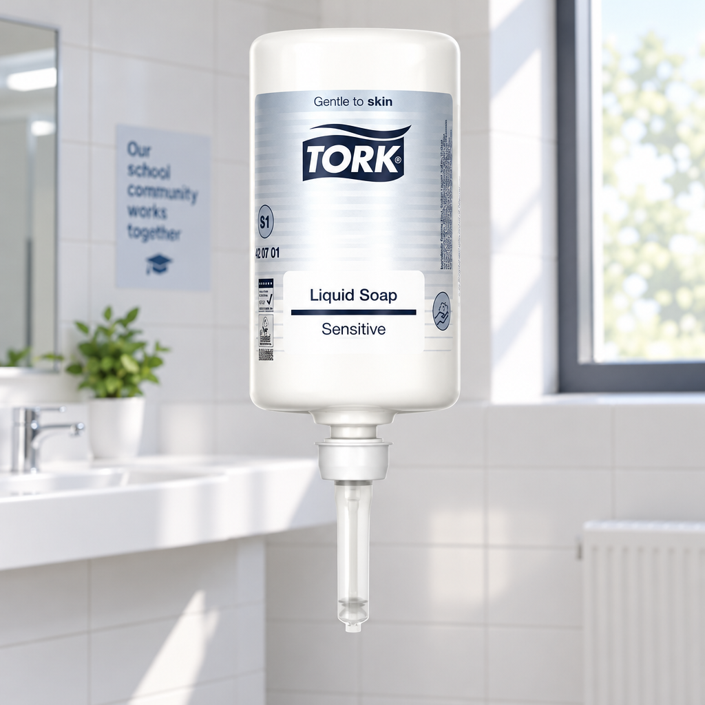 Tork S1 Sensitiv-sæberefill med synlig etiket ved skolens personaletoilet