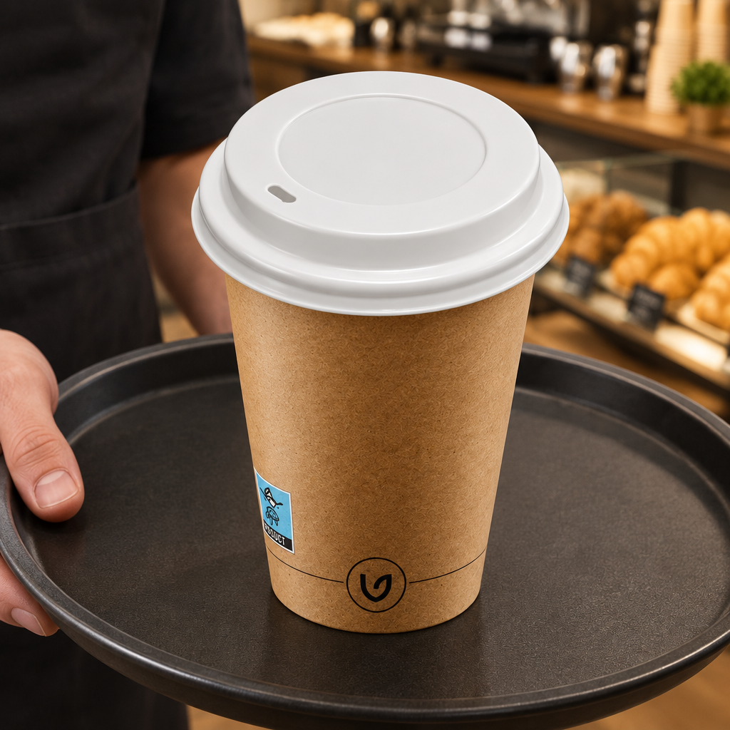 Hvidt låg 14442 på Verive-bæger 14102 på en bakke båret ved caféservering
