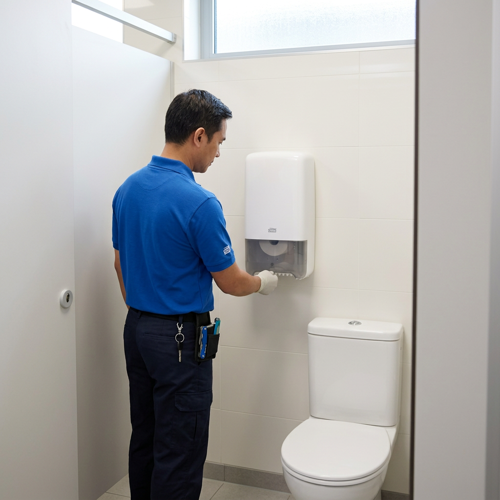 Voksen medarbejder ved hvid Tork T6 Twin-dispenser i lyst toiletrum
