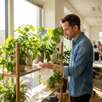 Mand aftørrer en hylde med planter med hvid universalklud i et solrigt kontor.