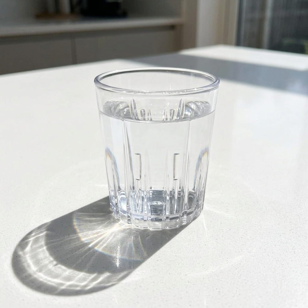 Klart Roltex Star-polyglas med vand på en hvid bordflade i solskin