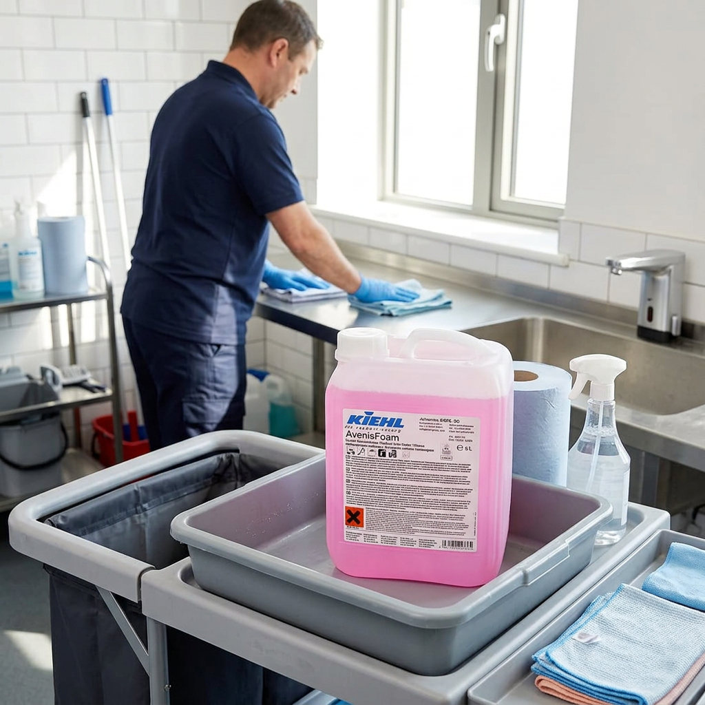 Kiehl AvenisFoam 5 L i bakke på rengøringsvogn med voksen medarbejder i baggrunden, solrigt stemningsbillede