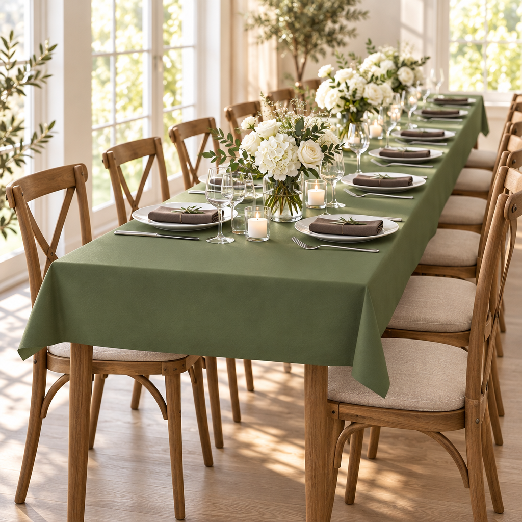 Festbord med olivengrøn dug og hvide blomster
