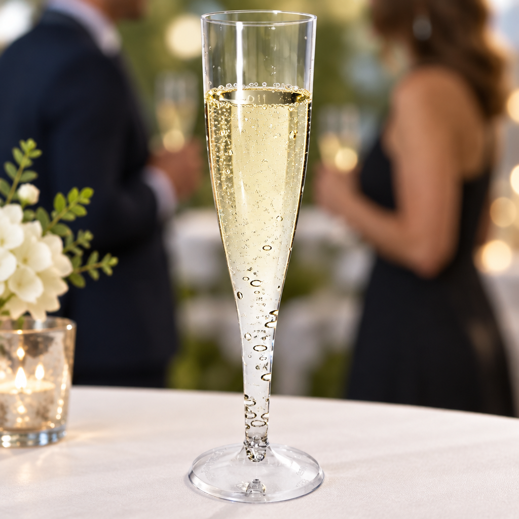 Champagneglas med fast fod fyldt med boblende drik på receptionsbord