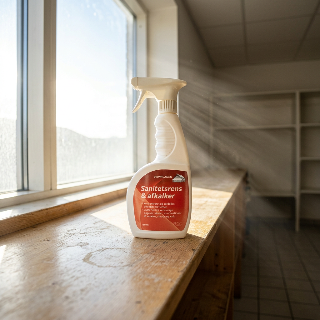 Stemningsbillede af sanitetsrens og afkalker på hylde med sollys