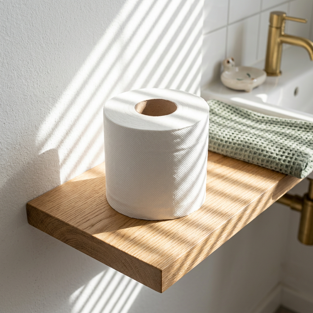Hvid toiletrulle på træhylde i solbeskinnet badeværelse