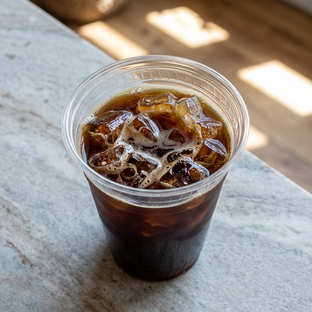 Iskaffe i klart plastglas set skråt ovenfra