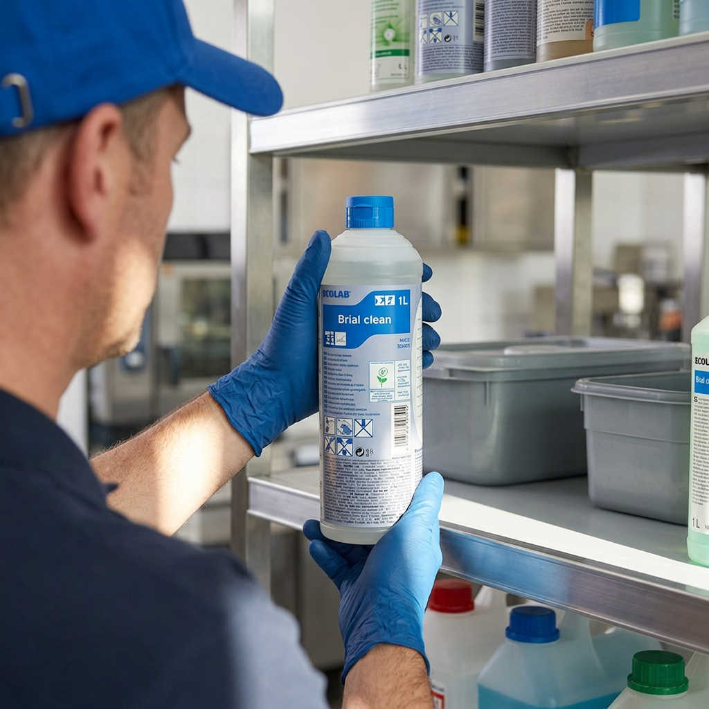 Medarbejder holder Brial Clean ved en servicehylde