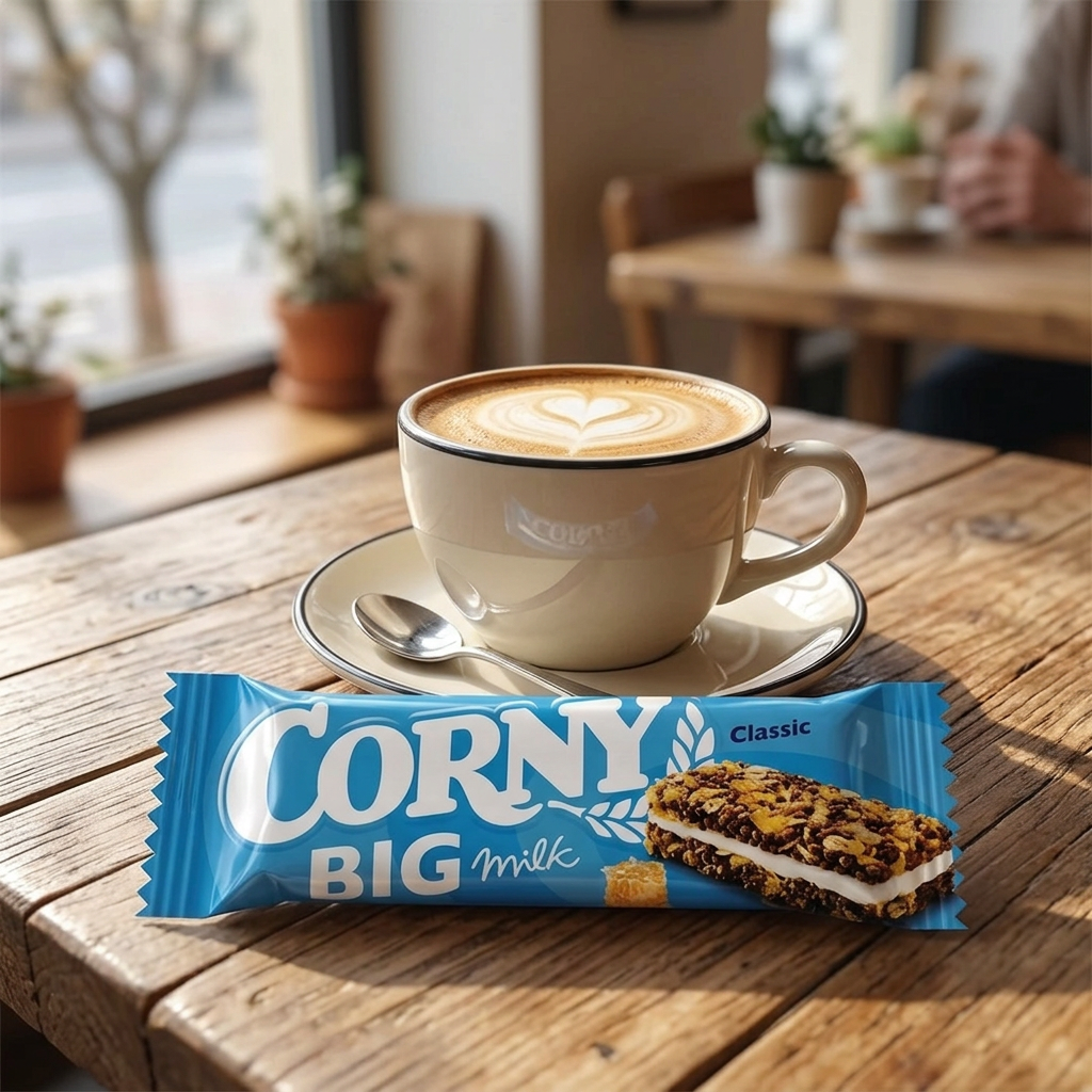Corny Big Mælk ved en kop kaffe på cafébord, stemningsbillede