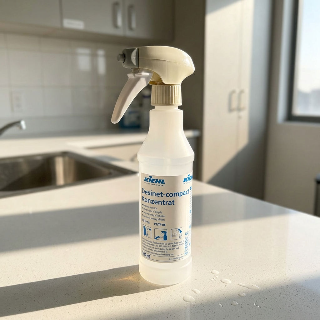 Desinet-compact-flaske med separat sprayhoved i sollyst rengøringsrum