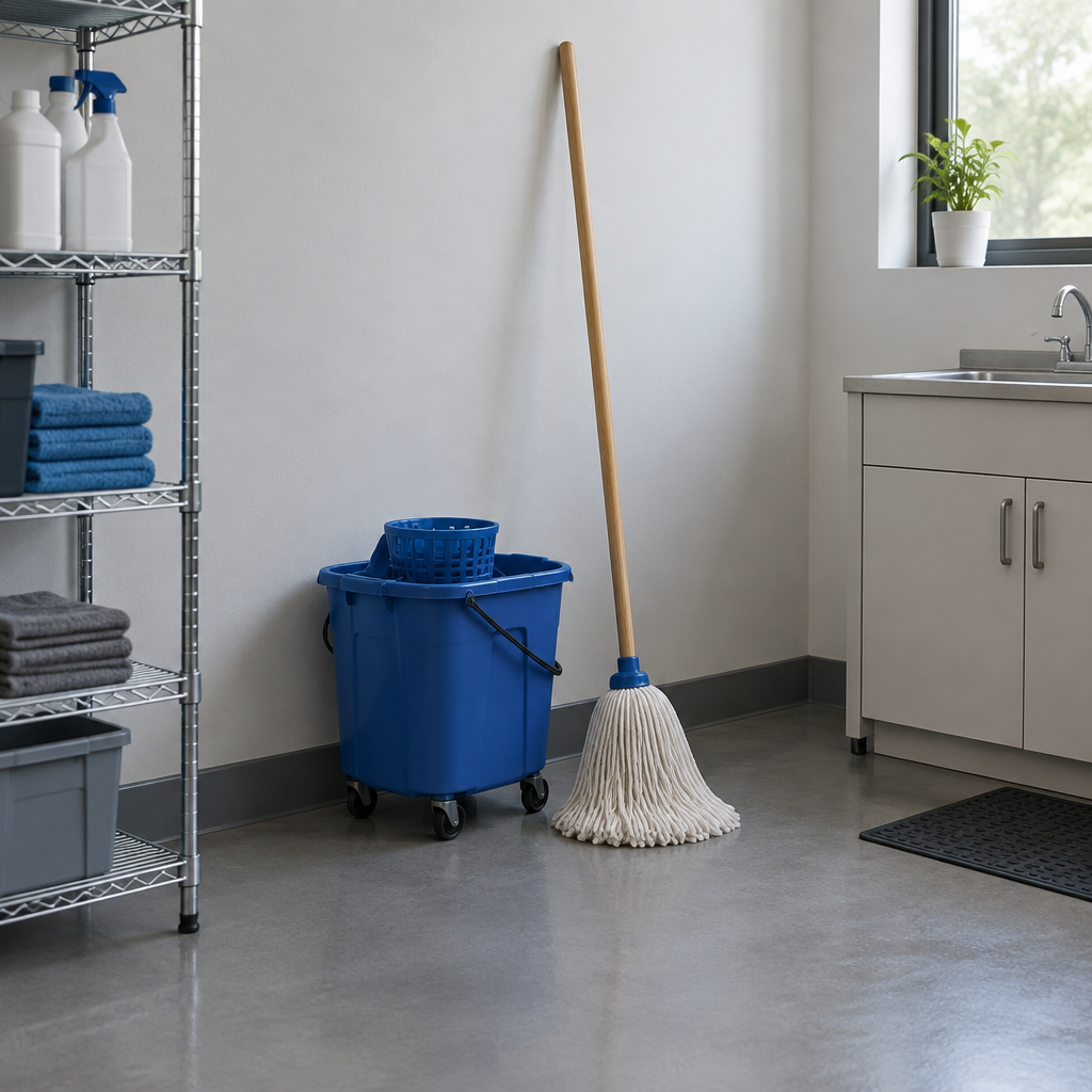 Stemningsbillede af generisk bomuldsmoppe ved spand, ikke foto af Basic-moppegarnet