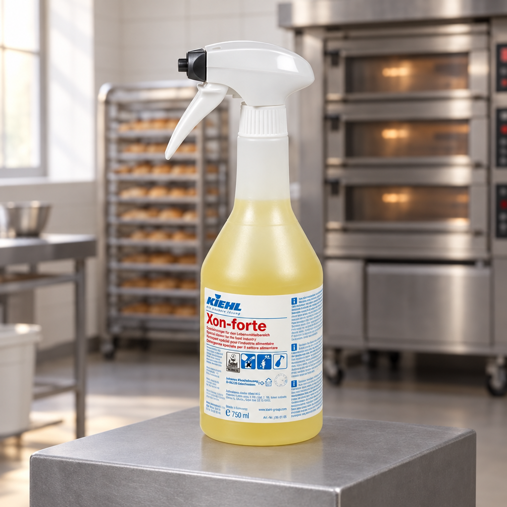 Kiehl Xon-forte 750 ml på grå sokkel i bageriets rengøringsområde