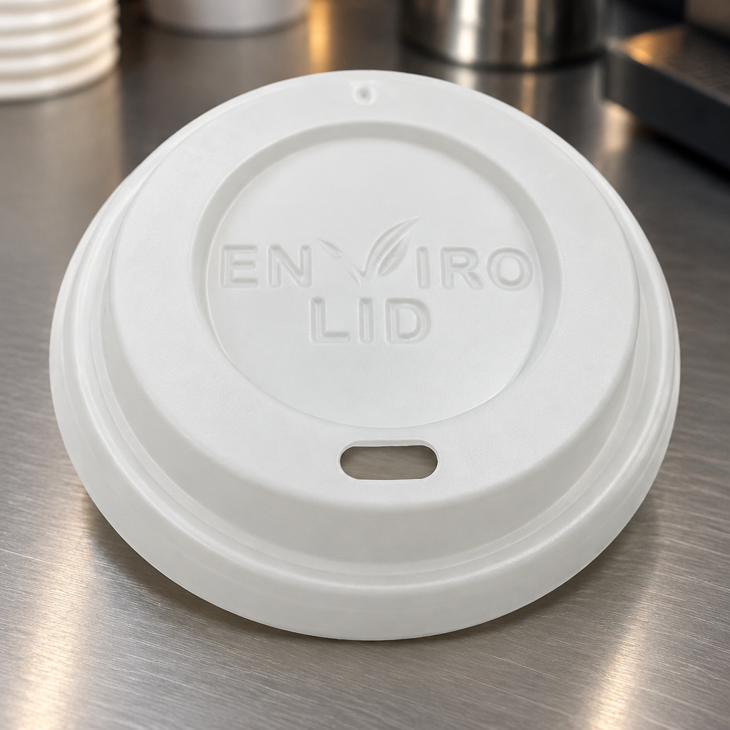 Hvidt CPLA-låg Ø80 mm på stålbord ved kaffestation