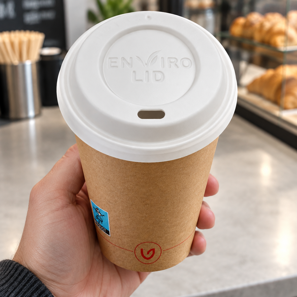 Hvidt CPLA-låg 14441 på brunt Verive-kaffebæger 14101 holdt oprejst i hånden
