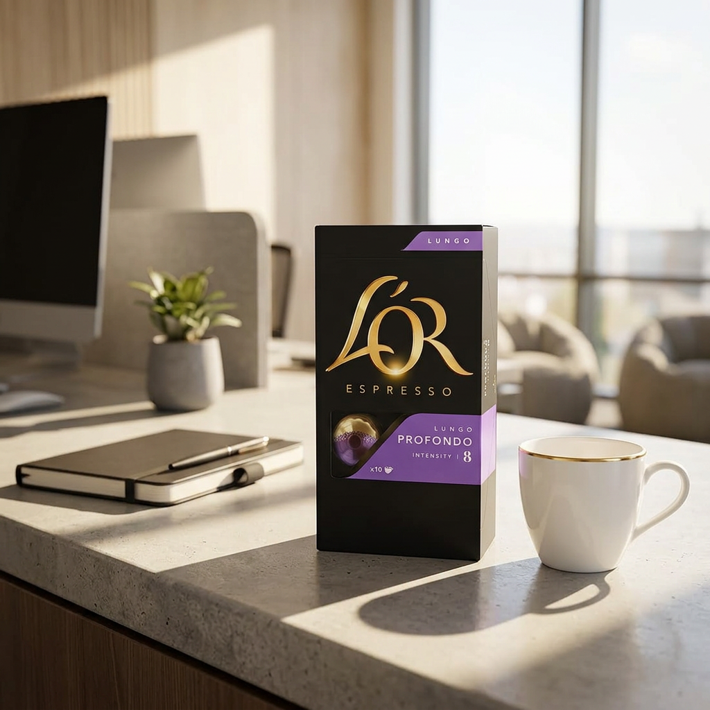 L’OR Lungo Profondo 8 på sollyst kaffebord ved kontorarbejdsplads