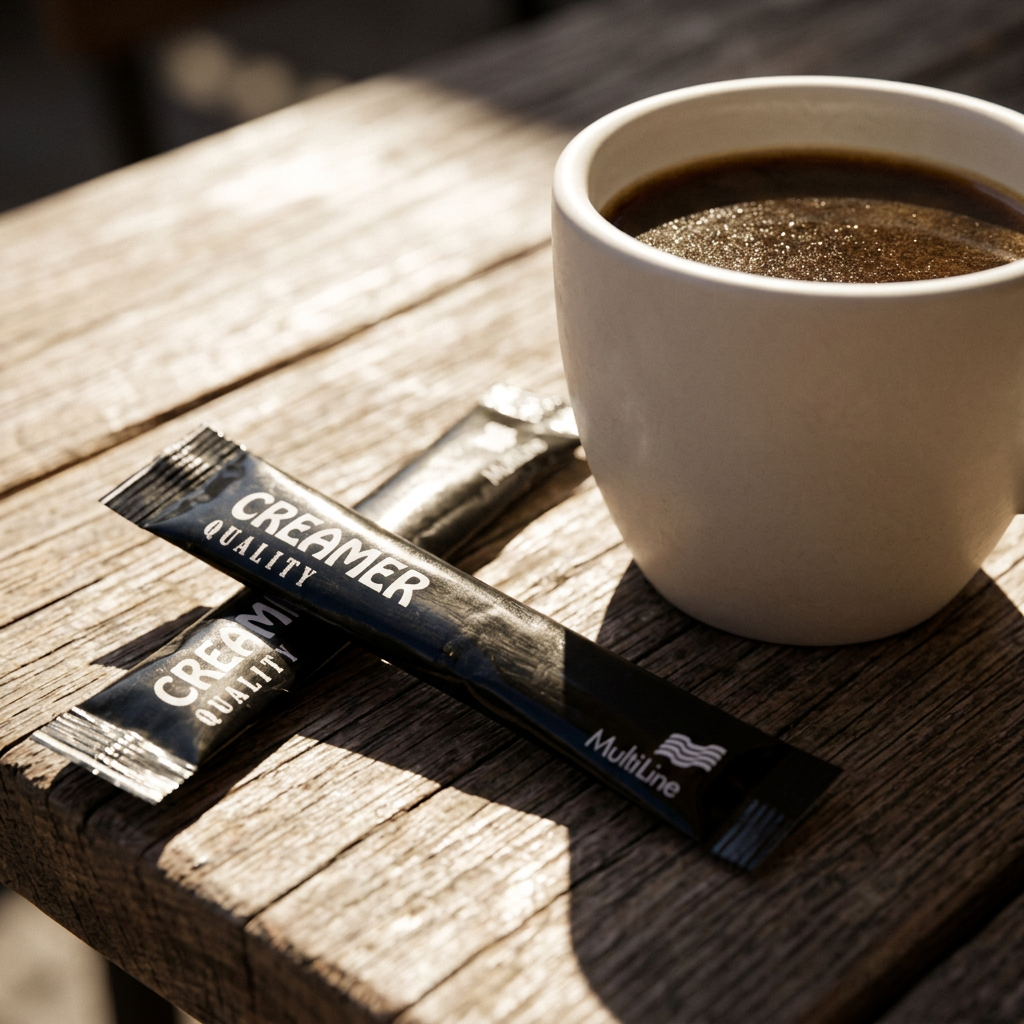 Quality flødepulversticks ved en kaffekop på et solbeskinnet træbord; kop medfølger ikke