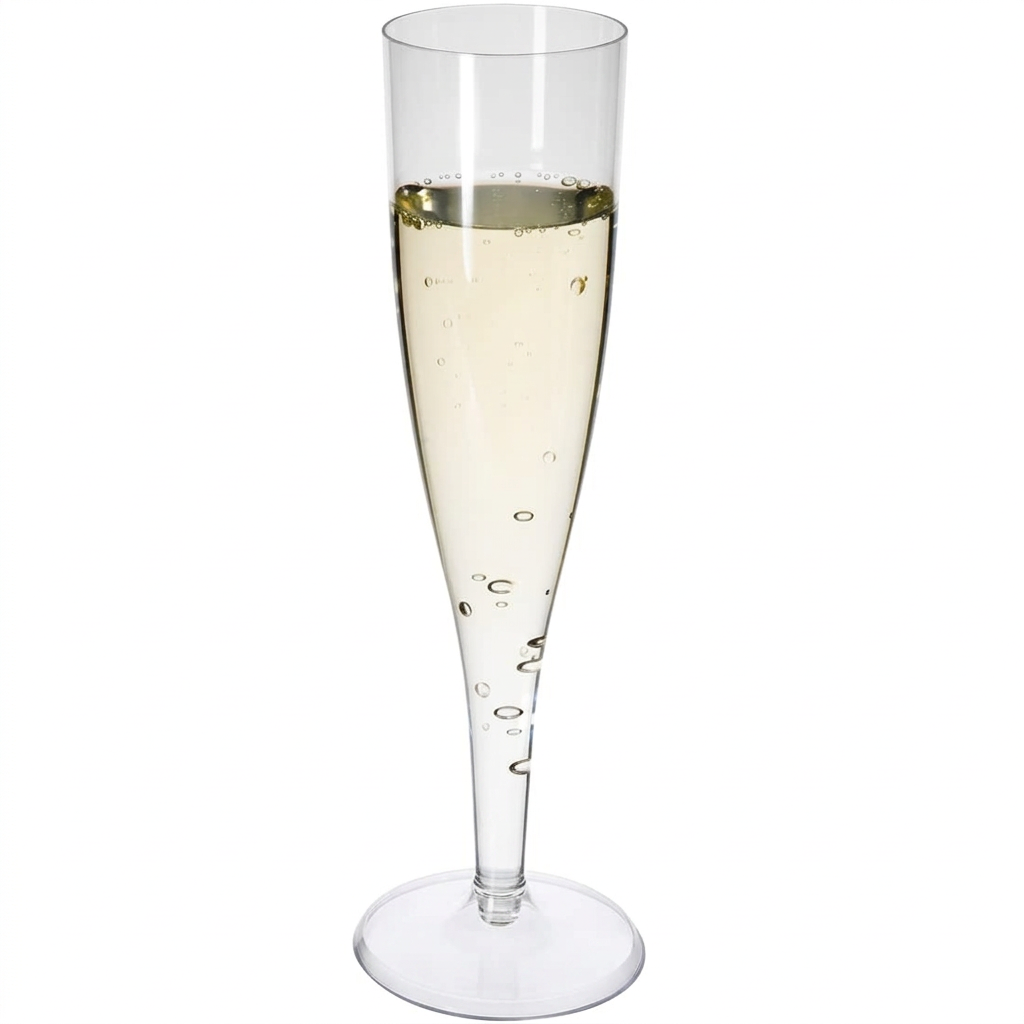 Champagneglas i klar plast med fast fod, 10 cl, på hvid baggrund