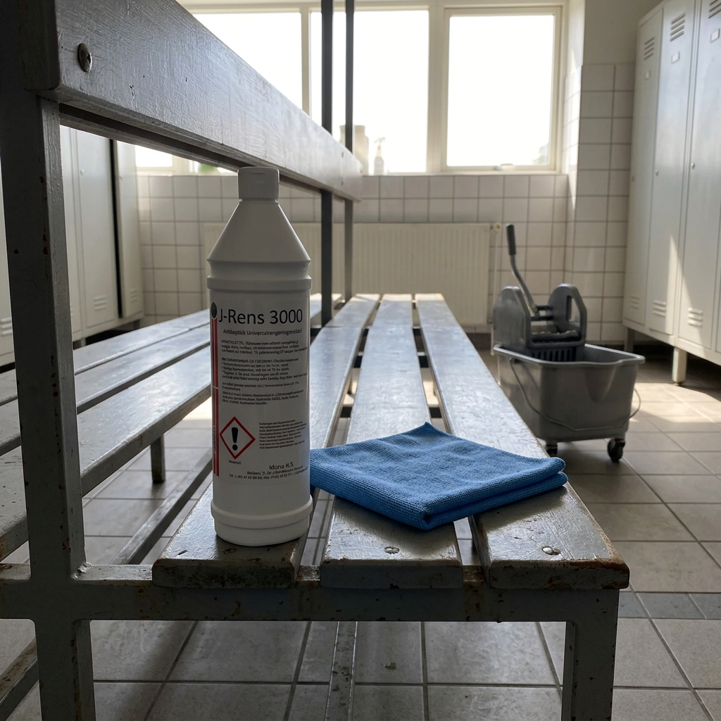 J-Rens 3000 ved en blå klud i et omklædningsområde med sollys i baggrunden