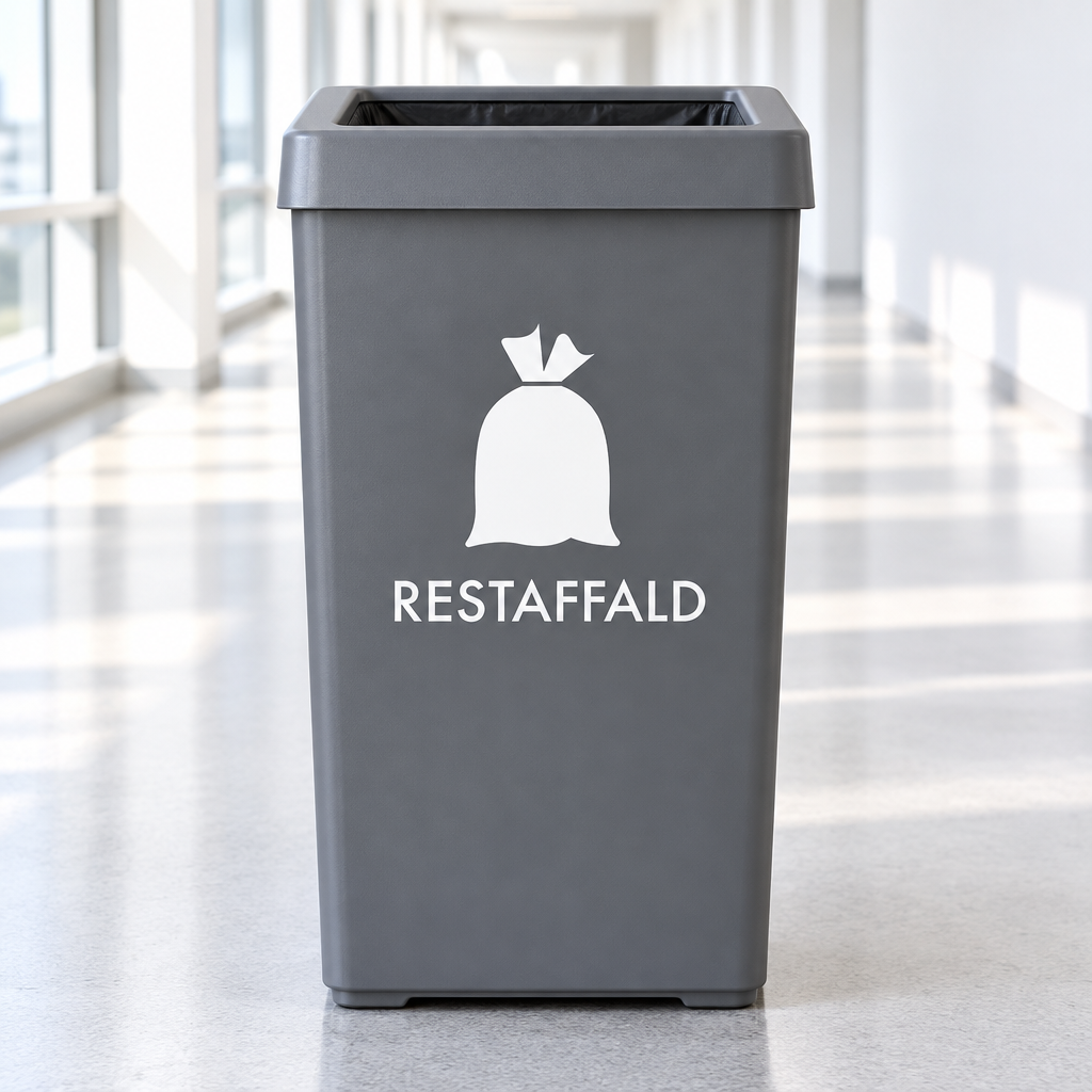 Grå affaldsbeholder med hvidt restaffaldspiktogram i lys gang