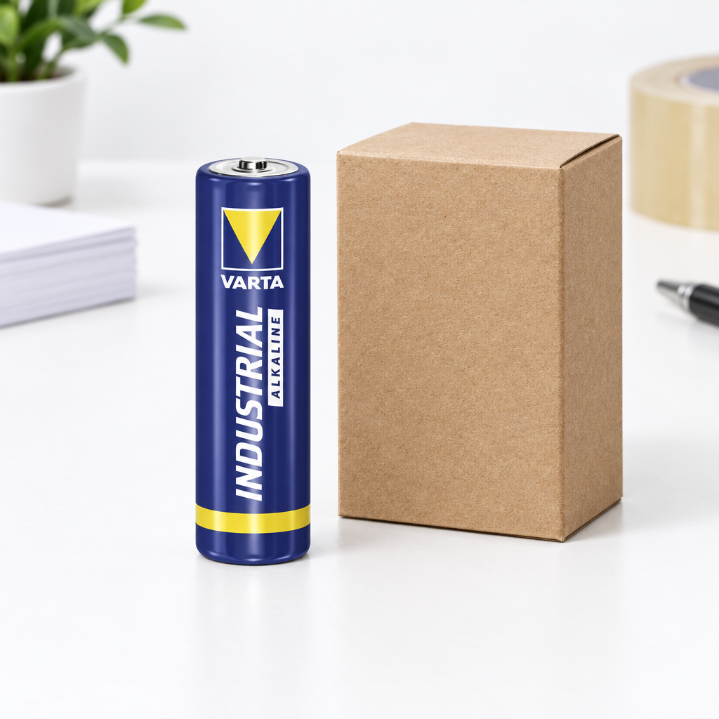 Varta Industrial AA-batteri på hvidt bord ved neutral papæske