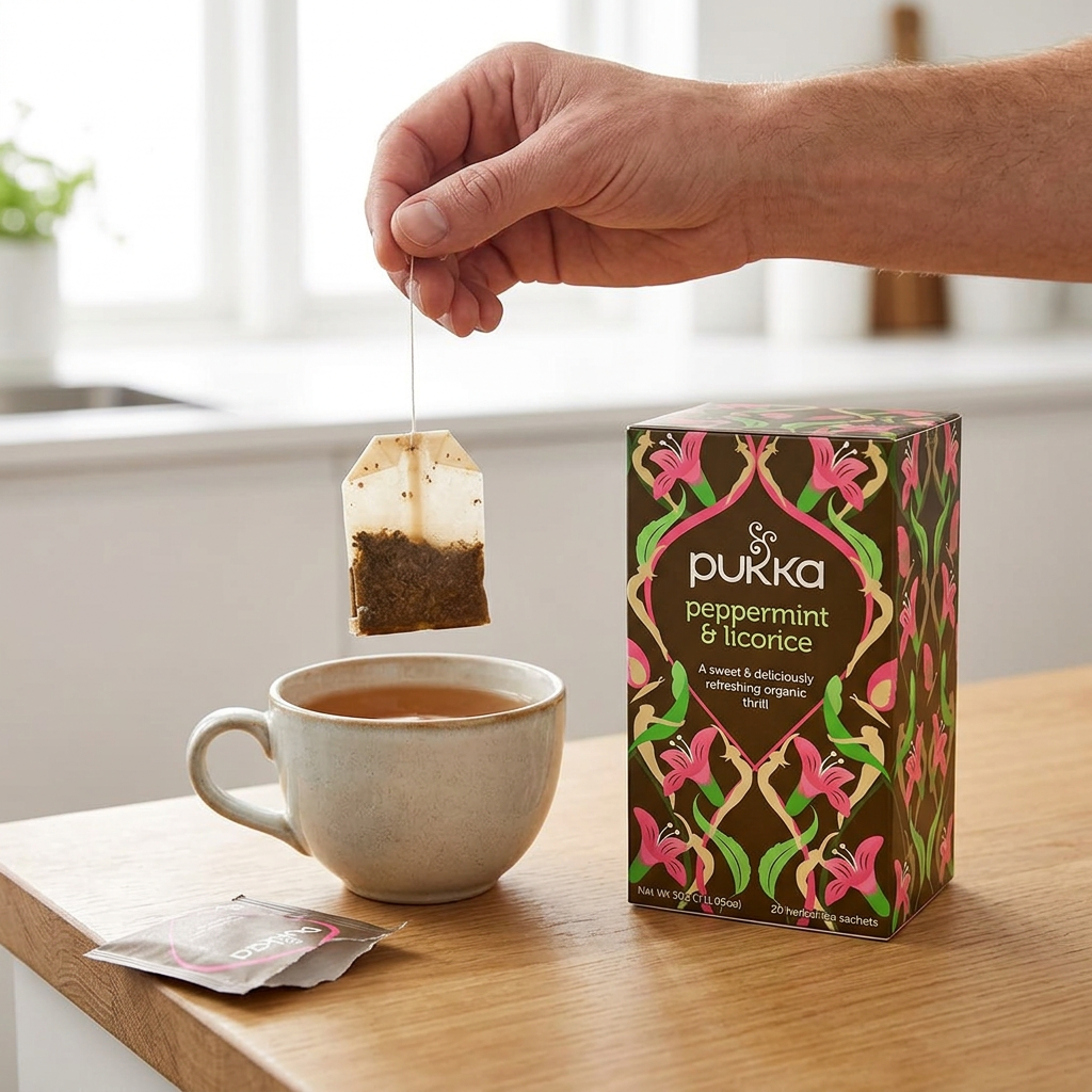 Tebrevet tages op af en kop Pukka Peppermint & Licorice efter brygning