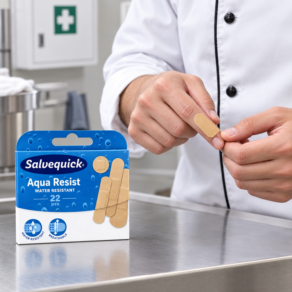 Køkkenmedarbejder sætter Salvequick Aqua Resist plaster på fingeren
