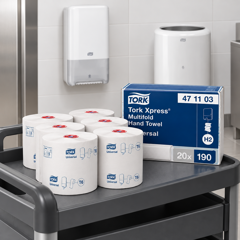 Tork T6-toiletpapir på servicevogn sammen med separat kasse H2-håndklædeark