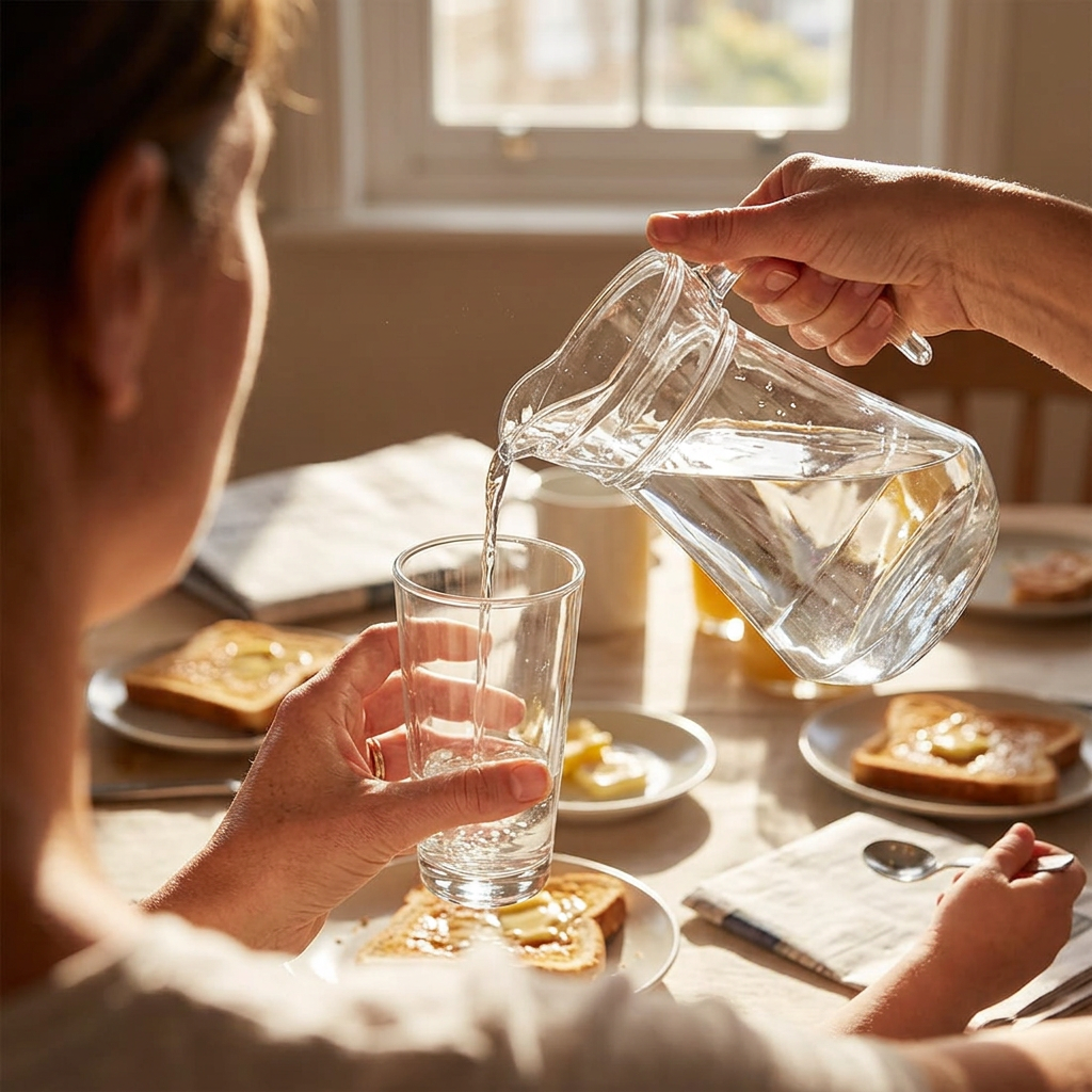 Voksen hælder vand fra lille glaskande ved morgenbordet; glas og mad følger ikke med