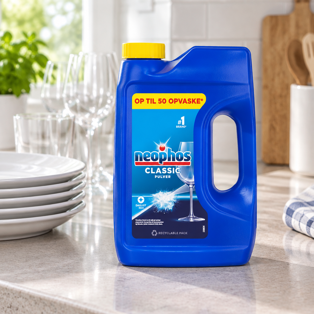 Neophos Classic opvaskepulver ved hvide tallerkener og glas