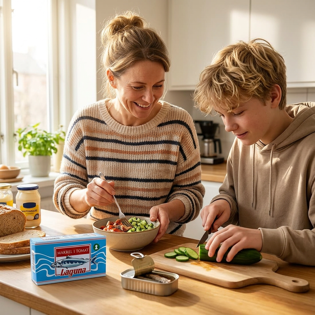 Voksen og teenager tilbereder makrelfyld og skærer agurk til frokost