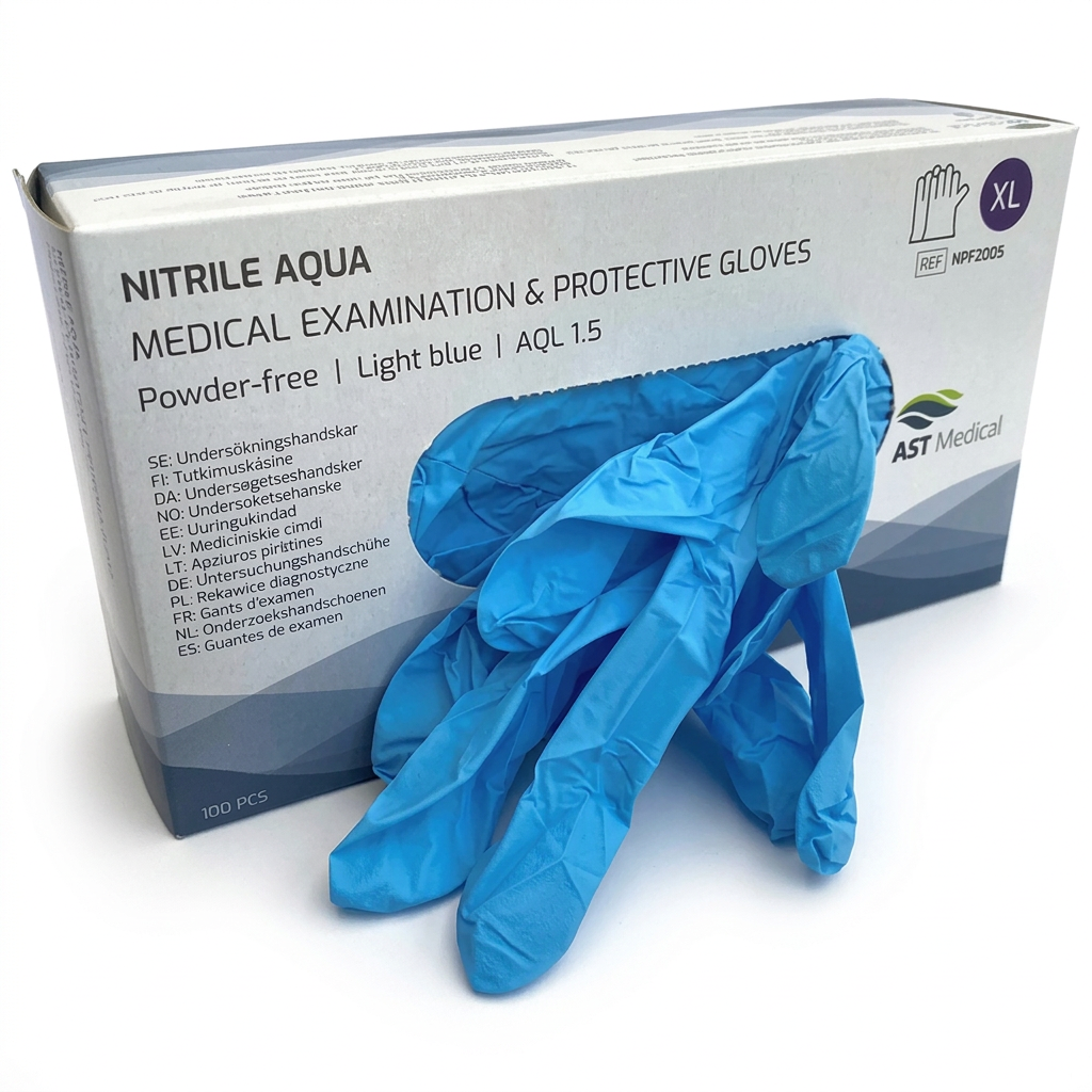 Nitrile Aqua XL med blå handsker på hvid baggrund