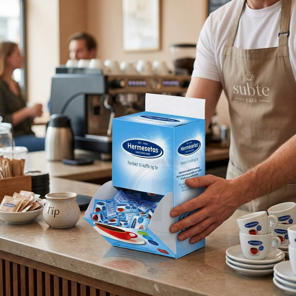 Voksen stiller Hermesetas-æsken frem ved kaffestationen, kopper og øvrigt tilbehør medfølger ikke, stemningsbillede