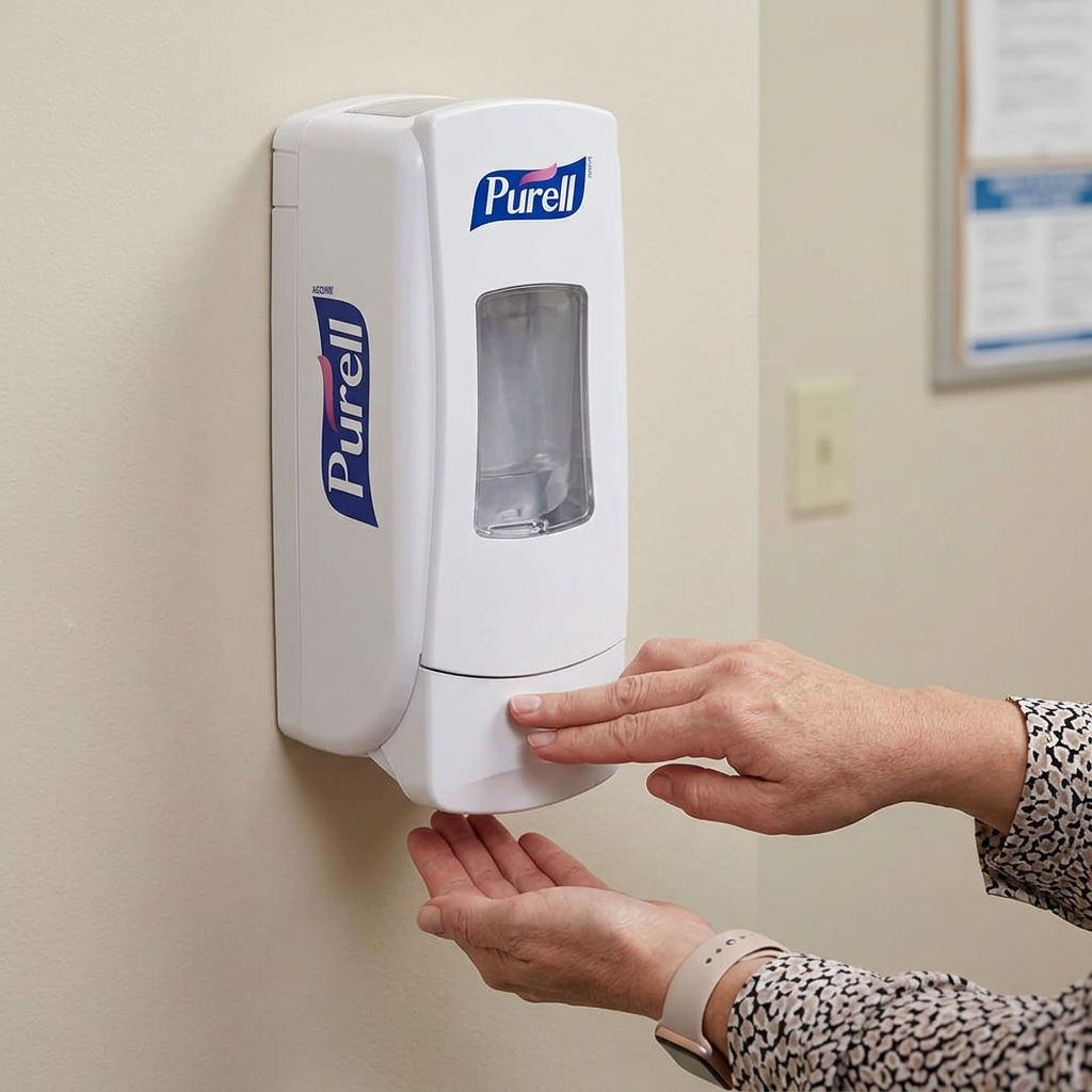 Manuel betjening af hvid Purell ADX-7 håndspritdispenser med hænder under udløbet
