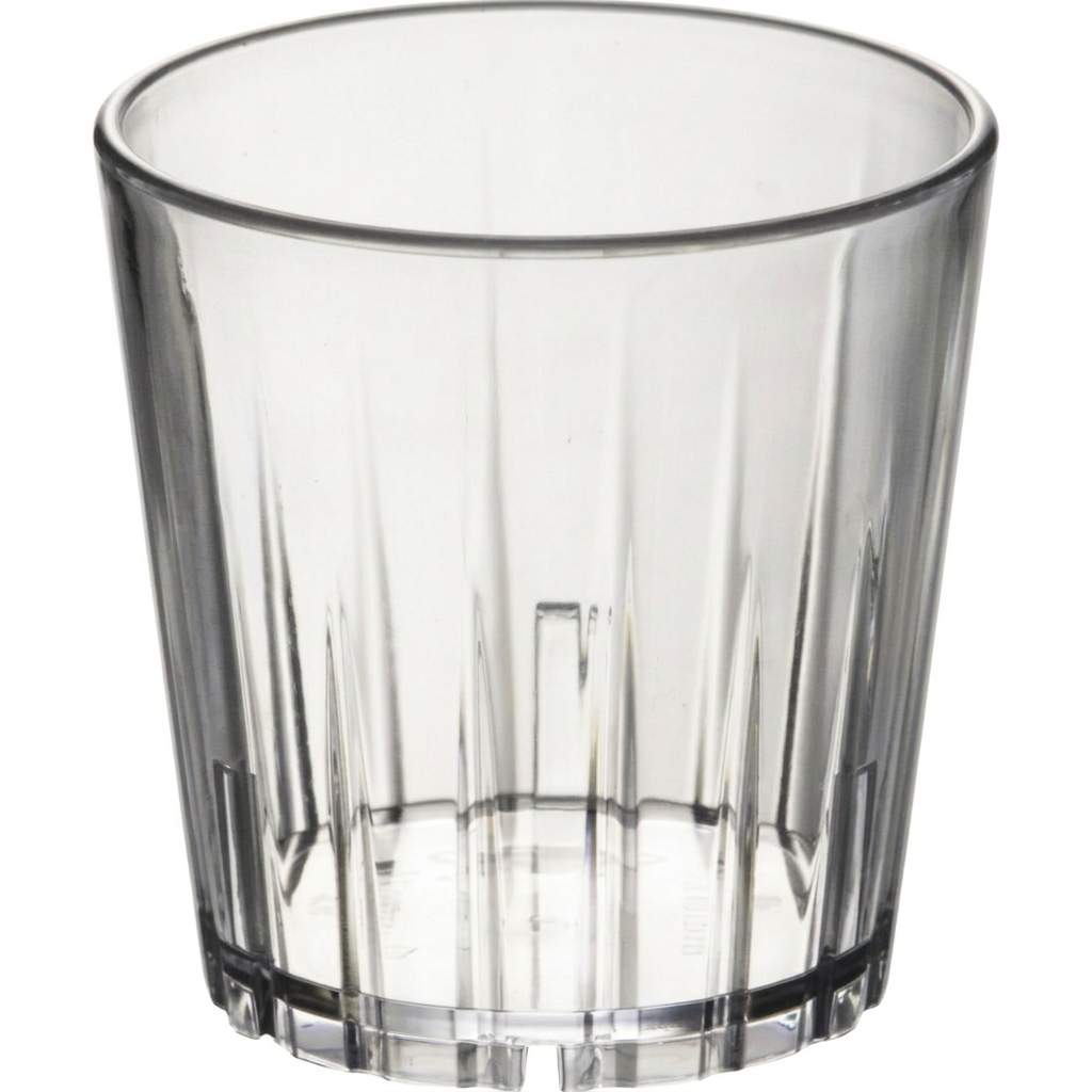 Klart stabelbart polyglas 25 cl med lodrette detaljer på hvid baggrund