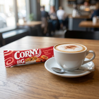 Corny Big Cinnamon Roll ved cappuccino på cafébord, stemningsbillede