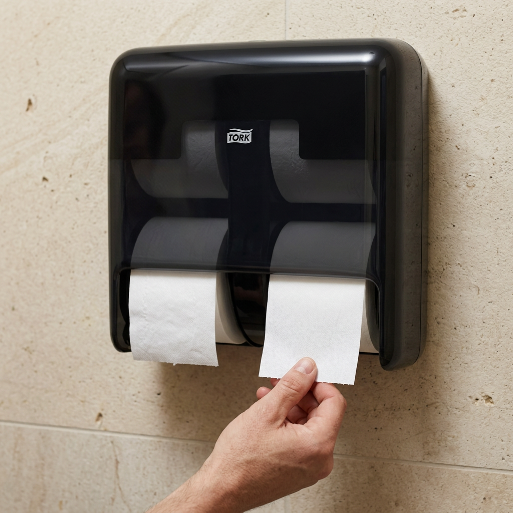Sort Tork OptiServe T7-dispenser i offentlig toiletkabine