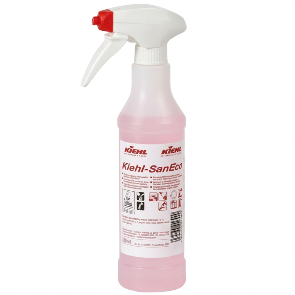 Kiehl SanEco 500 ml arbejdsflaske med hvidt skumhoved og rød dyse på hvid baggrund. Flasken sælges tom.