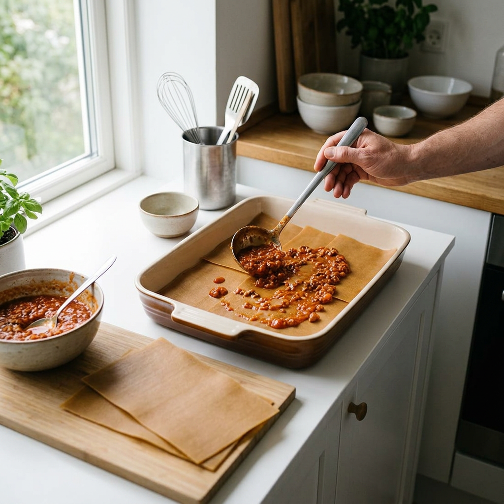Tomatsauce fordeles over fuldkornslasagneplader under tilberedning